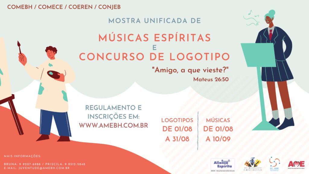 Cartaz da Mostra Unificada de Músicas Espíritas e Concurso de Logotipo, com ilustrações de pessoas pintando e cantando e informações sobre os eventos