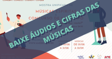 Imagem com cartaz da Mostra de Músicas dos Encontros de Carnaval 2022 coberto por uma faixa convidando a todos para acessarem os áudios e cifras das músicas