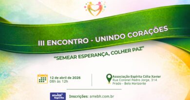Cartaz com duas pessoas de mãos dadas no alto, logo abaixo uma faixa verde com o escrito no centro "3° encontro unindo corações".