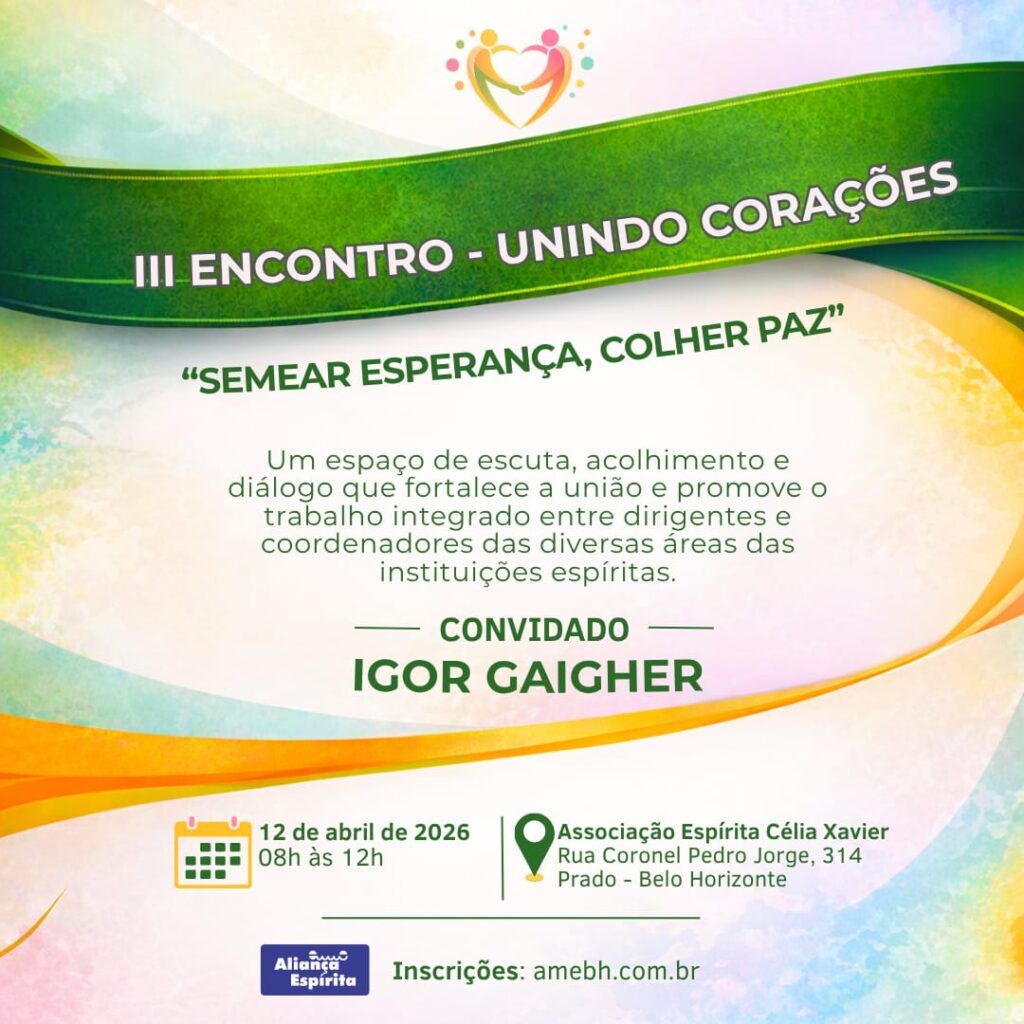 Cartaz com duas pessoas de mãos dadas no alto, logo abaixo uma faixa verde com o escrito no centro "3° encontro unindo corações".