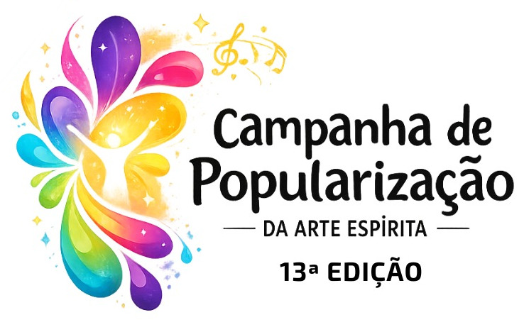 Imagem de pessoa com braços abertos, ao fundo folhas coloridas e campanha de popularização da arte espírita 13ª edição escrito ao lado direito.