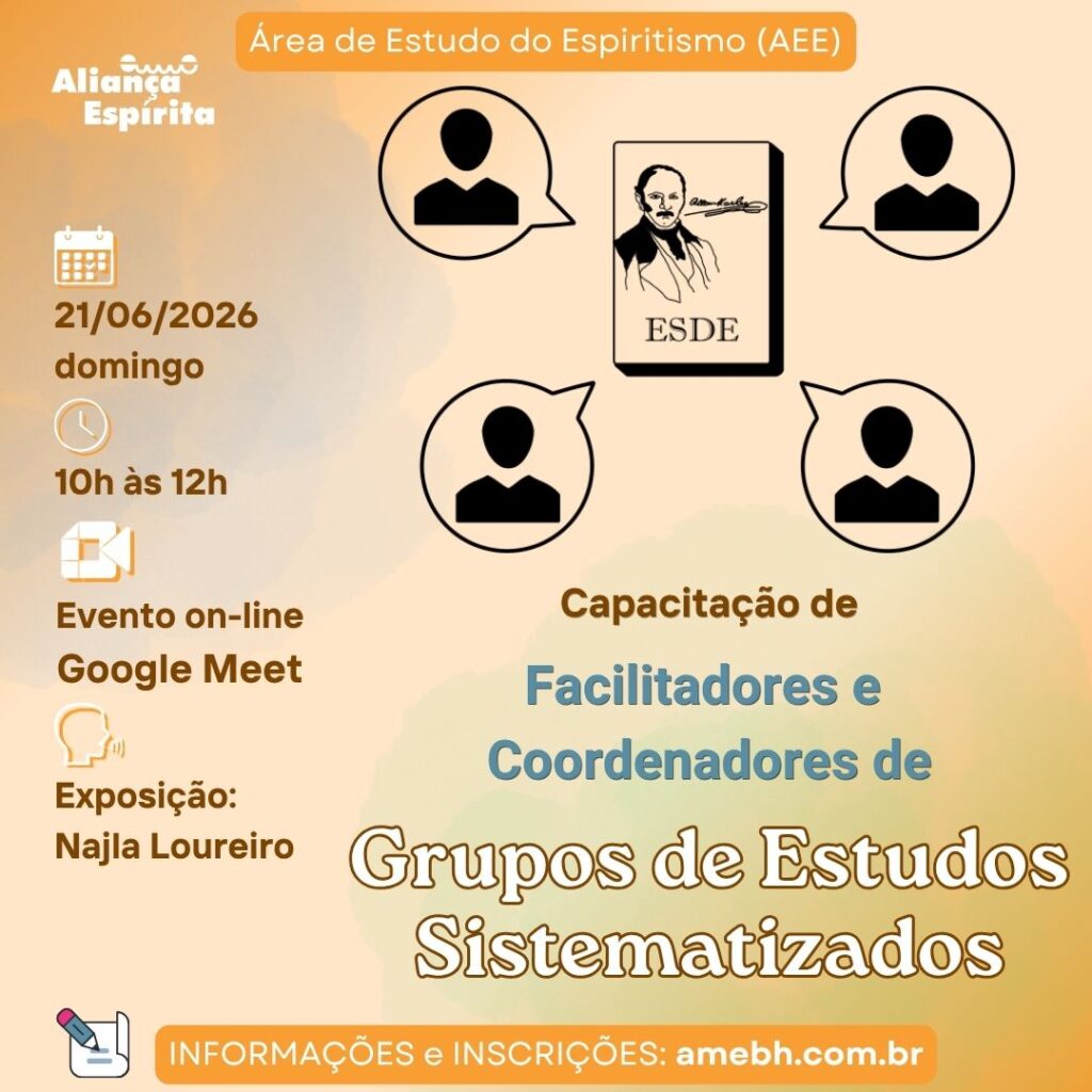 Imagem de 4 pessoas ao redor de um livro com desenho de Kardec e escrito ESDE.
