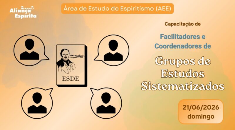 Imagem de 4 pessoas ao redor de um livro com desenho de Kardec e escrito ESDE.
